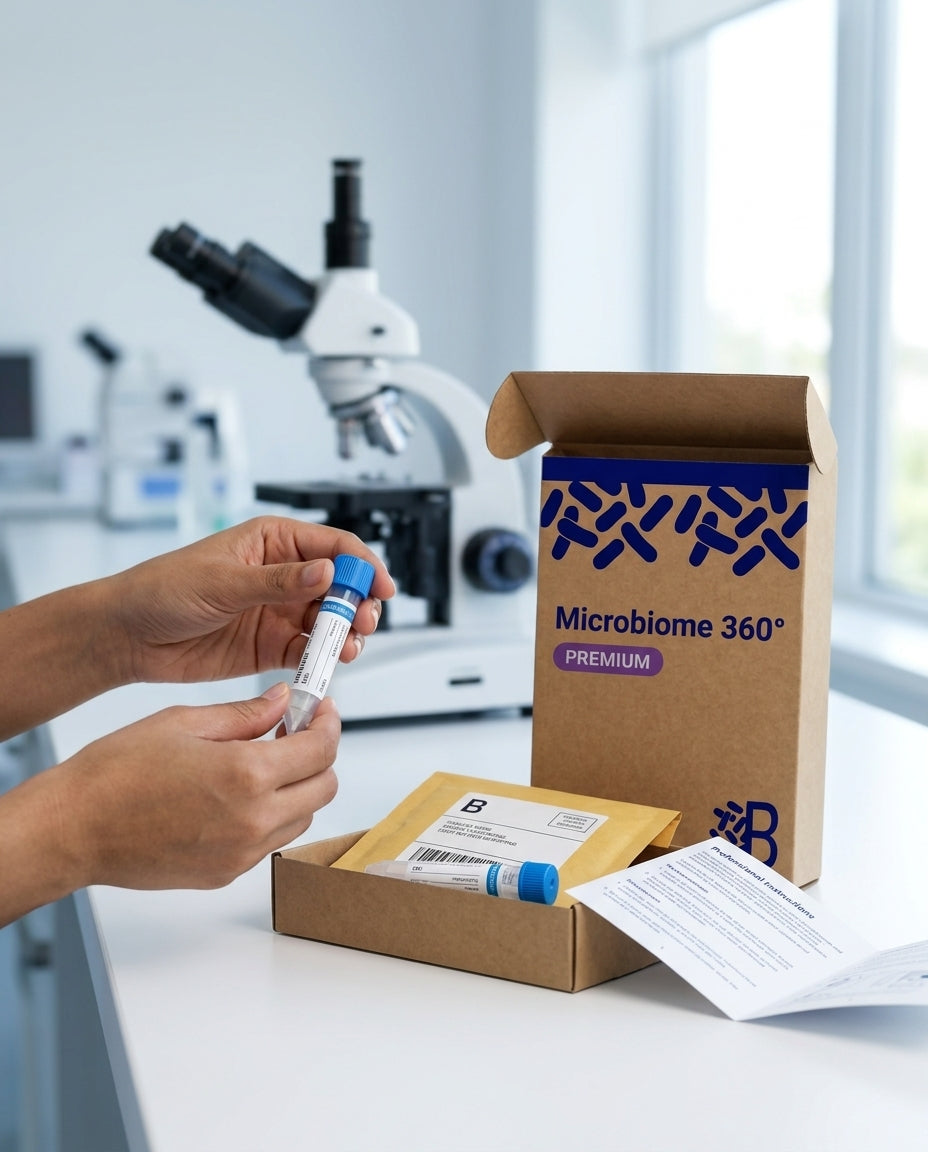 Person, die ein Röhrchen hält, mit einer „Microbiome 360“-Box und einem Mikroskop im Hintergrund. Microbiome 360 ist eines der besten Testkits für die Analyse des Darmmikrobiom, die auf dem Markt erhältlich sind.