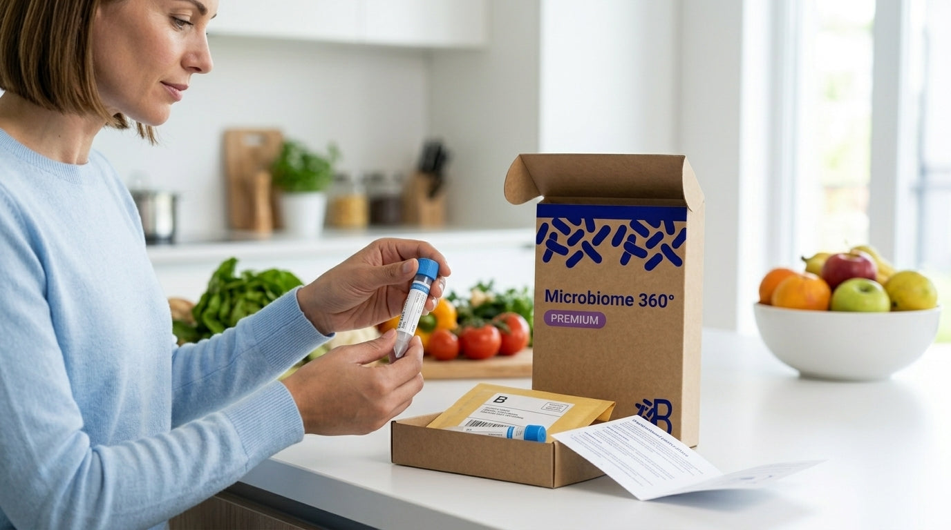 Drei Boxen mit der Aufschrift „Microbiome 360“ auf einem Holztisch vor einem Küchenhintergrund. Eine Frau hält einen Kapselbehälter in ihrer Hand. Microbiome 360 ist eines der besten Testkits für die Analyse des Darmmikrobiom, die auf dem Markt erhältlich sind.