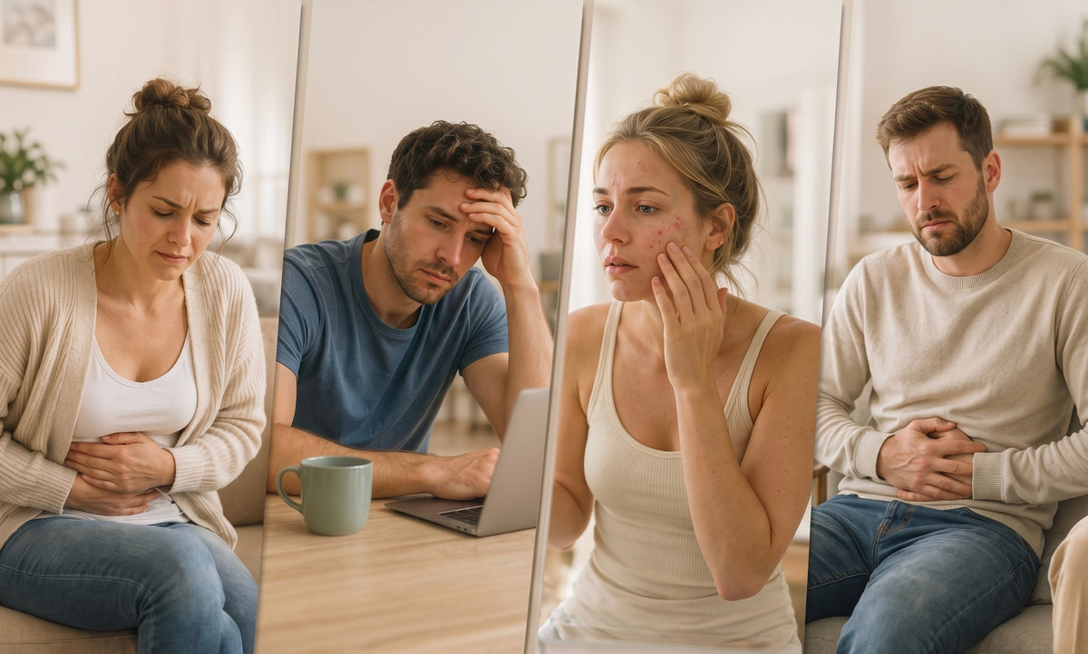 Vier Personen, die in einer häuslichen Umgebung unterschiedliche Formen von Unwohlsein oder Probleme im Zusammenhang mit ihrem Darm erleben. Jede Person zeigt dabei individuelle Symptome und Reaktionen, die ihre jeweilige Situation widerspiegeln.