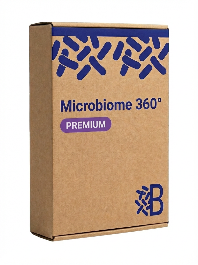 Bacteras „Gut Microbiome 360° Premium“ Heimtestkit mit Branding. Für eine tiefgehende Analyse Ihrer Darmgesundheit – eines der fortschrittlichsten Mikrobiom-Heimtestkits auf dem Markt, das eine detailliertere Auswertung bietet als viele andere Lösungen.